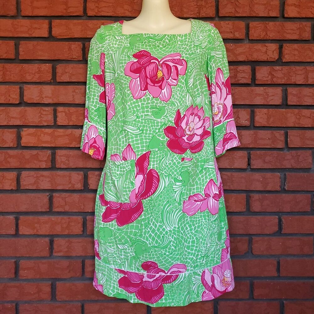 Lilly Pulitzer Shift Dress Size 2 Green Pink Koi Fish Lotus Blossom Flower